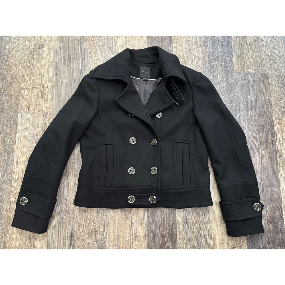 Express Womens Black Wool‎ Blend Double Breasted Cropped Peacoat Jacket Large